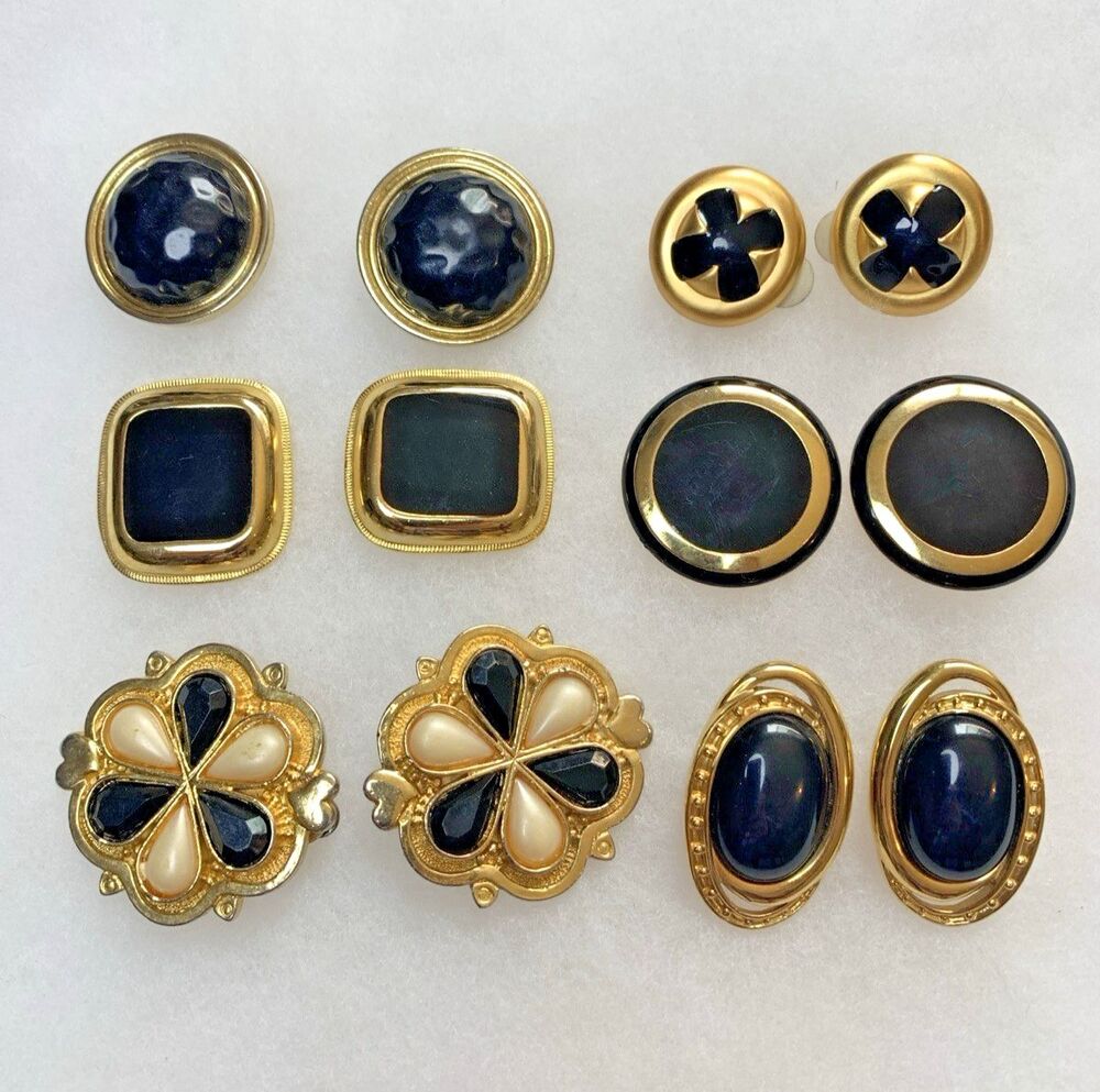 Vintage Gold Tone Black Enamel Earrings Lot 6 Pairs Clip-On Post Mix 80s Glam